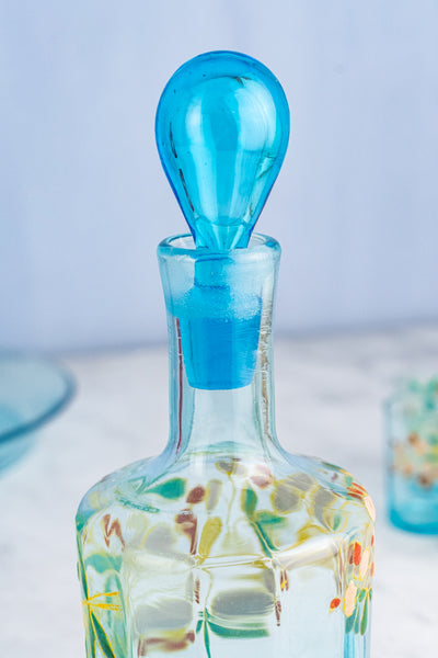 Antique French Enameled Glass Decanter with Glasses & Tray