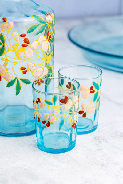 Antique French Enameled Glass Decanter with Glasses & Tray