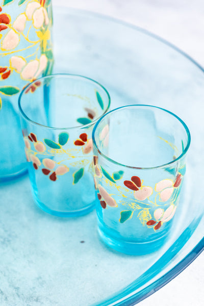 Antique French Enameled Glass Decanter with Glasses & Tray