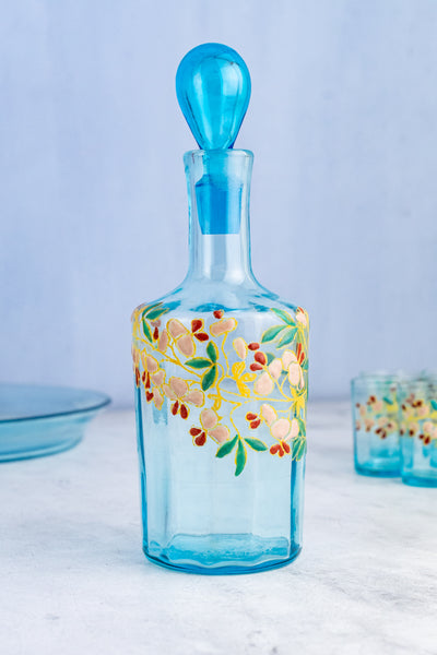 Antique French Enameled Glass Decanter with Glasses & Tray