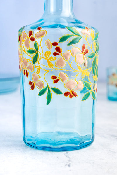 Antique French Enameled Glass Decanter with Glasses & Tray
