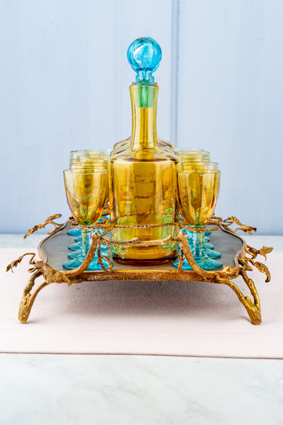 Antique French Glass Liqueur Set with Bronze & Zinc Stand