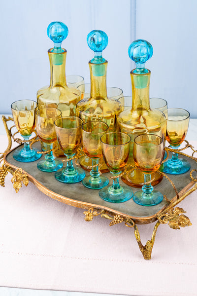 Antique French Glass Liqueur Set with Bronze & Zinc Stand