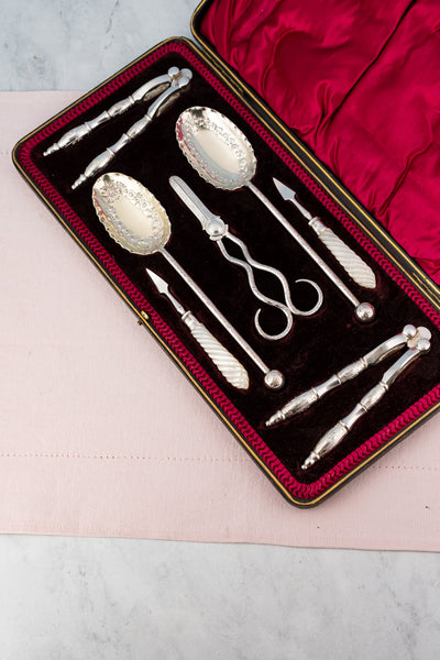 Antique Silverplate & Mother of Pearl 7-piece Fruit Service with Grape Shears, Nutcrackers and Picks