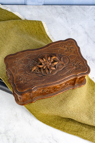 Antique Swiss Fôret Noir Edelweiss Wooden Box