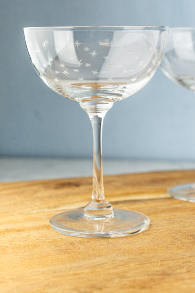 English Hand-Engraved Crystal Stars Coupes - Set of 2
