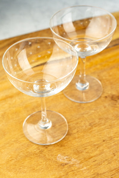 English Hand-Engraved Crystal Stars Coupes - Set of 2