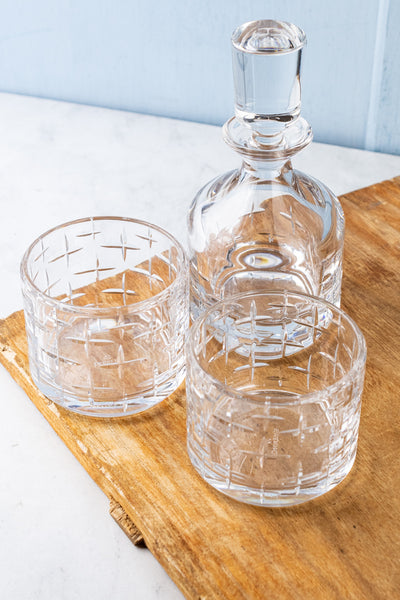 French Guy Degrenne Stackable Crystal Decanter with 2 Glasses