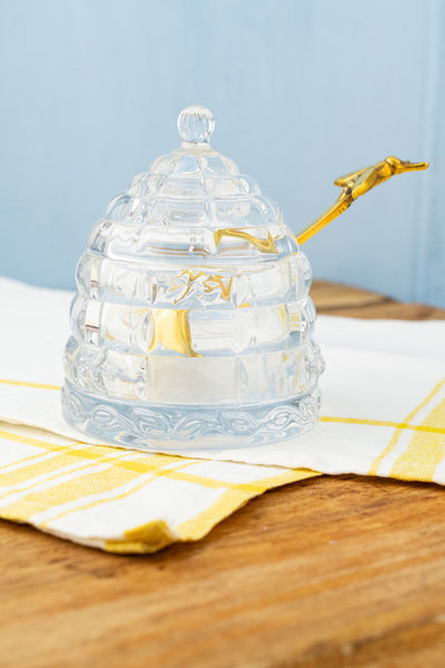 Glass Honey Pot with Golden Bee Spoon