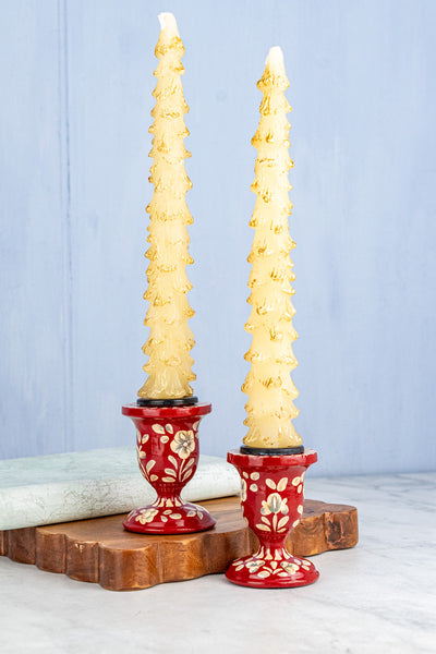 Wood Floral Taper Candle Holder Pair