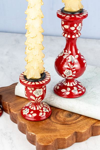 Wood Floral Taper Candle Holder Pair