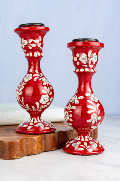 Wood Floral Taper Candle Holder Pair