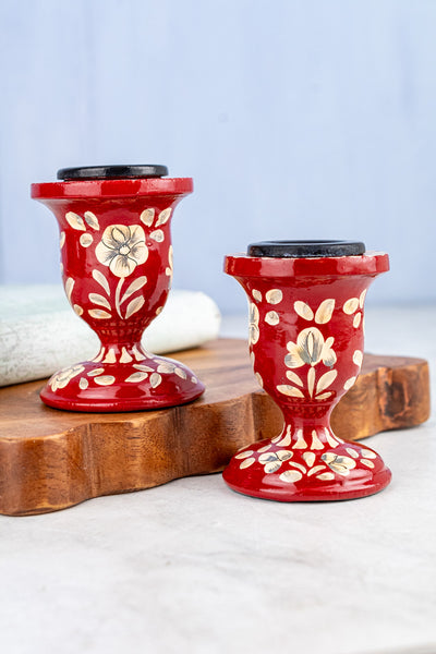 Wood Floral Taper Candle Holder Pair