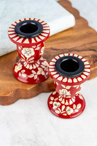 Wood Floral Taper Candle Holder Pair