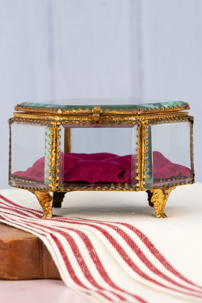 Antique French Brass and Glass Jewelry Box