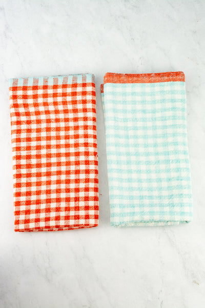 Linen Check Tea Towels - Vermilion & Bleu Celeste