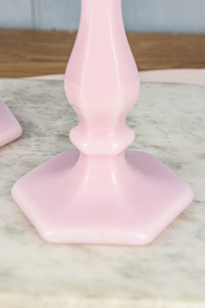 Pink Milk Glass Candlestick Pair