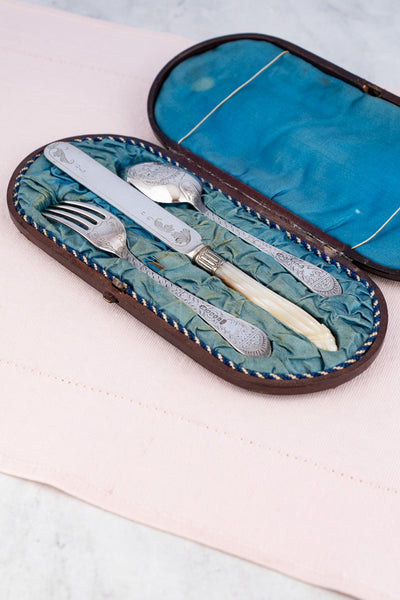 Victorian Silverplate Engraved 3-Piece Travel Cutlery Set