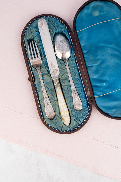 Victorian Silverplate Engraved 3-Piece Travel Cutlery Set