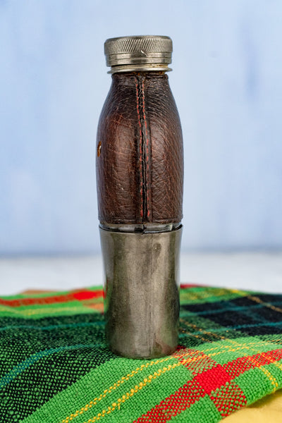Antique English Pewter and Leather Flask with Cup