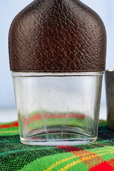 Antique English Pewter and Leather Flask with Cup