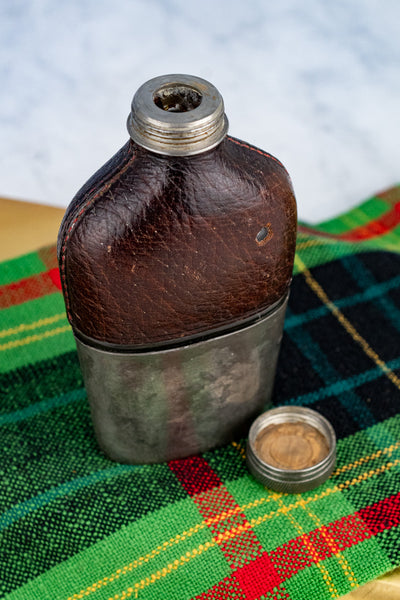 Antique English Pewter and Leather Flask with Cup