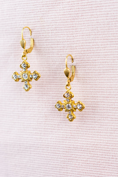 French Jeweled Cross Drop Earrings