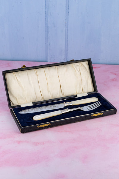 1902 Mother of Pearl and Sterling Cake Knife & Fork