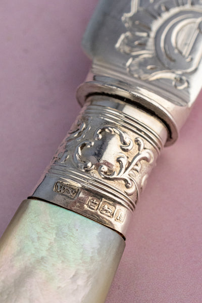 1902 Mother of Pearl and Sterling Cake Knife & Fork