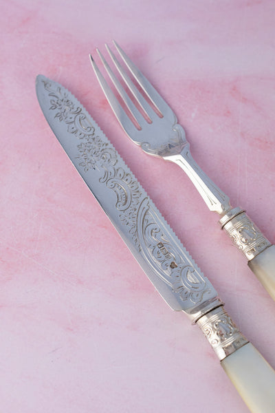 1902 Mother of Pearl and Sterling Cake Knife & Fork