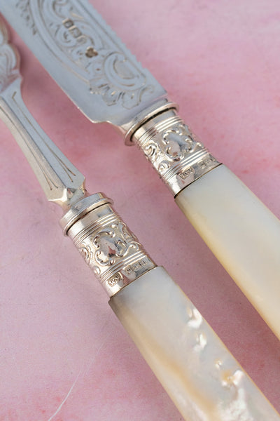 1902 Mother of Pearl and Sterling Cake Knife & Fork