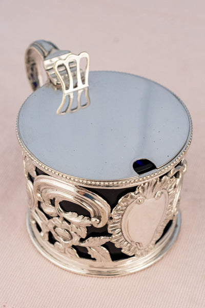 Victorian Silverplate & Blue Glass Mustard Pot