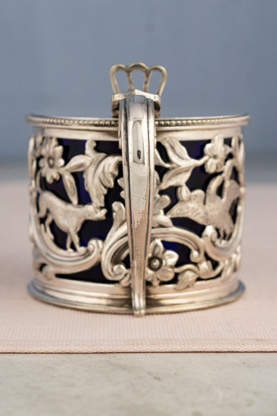 Victorian Silverplate & Blue Glass Mustard Pot