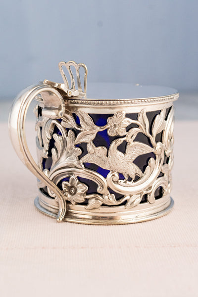 Victorian Silverplate & Blue Glass Mustard Pot