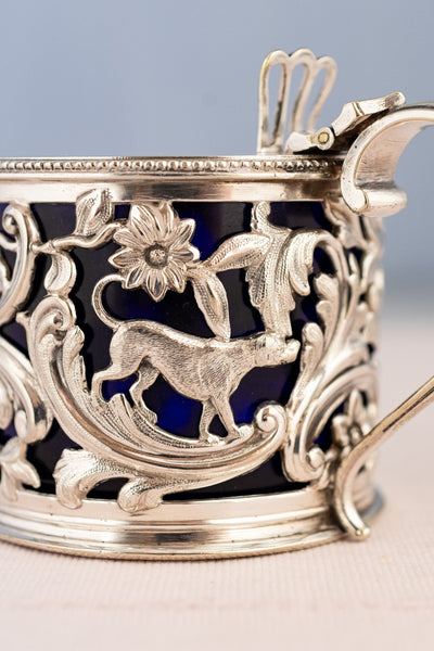 Victorian Silverplate & Blue Glass Mustard Pot
