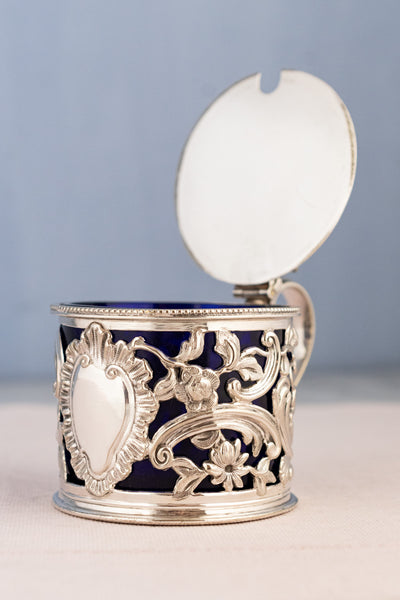 Victorian Silverplate & Blue Glass Mustard Pot