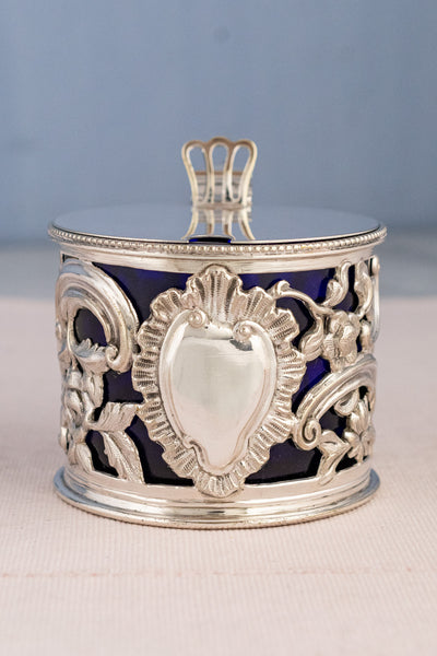 Victorian Silverplate & Blue Glass Mustard Pot