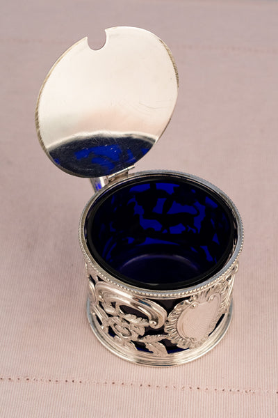 Victorian Silverplate & Blue Glass Mustard Pot