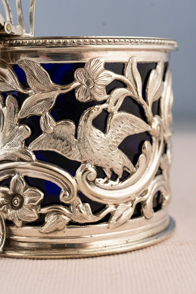 Victorian Silverplate & Blue Glass Mustard Pot