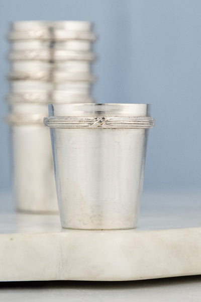 Antique French Silverplate Digestif Glasses in Caddy - Set of 6
