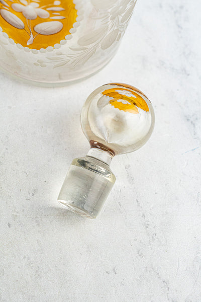 Antique Amber and Clear Glass Etched Bottle