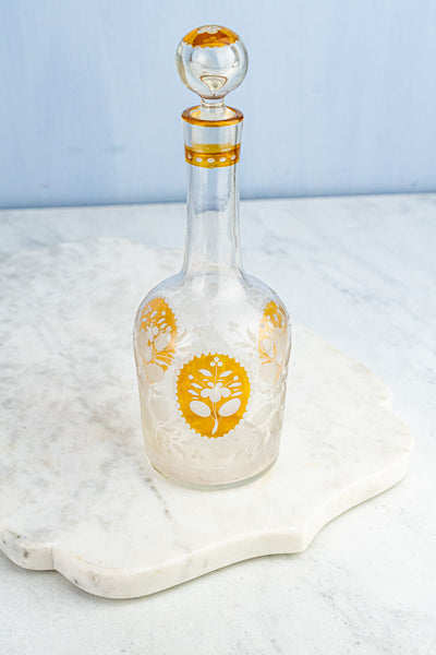 Antique Amber and Clear Glass Etched Bottle