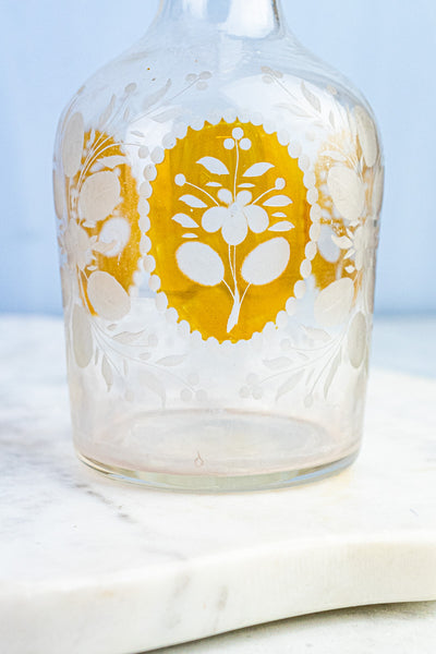 Antique Amber and Clear Glass Etched Bottle