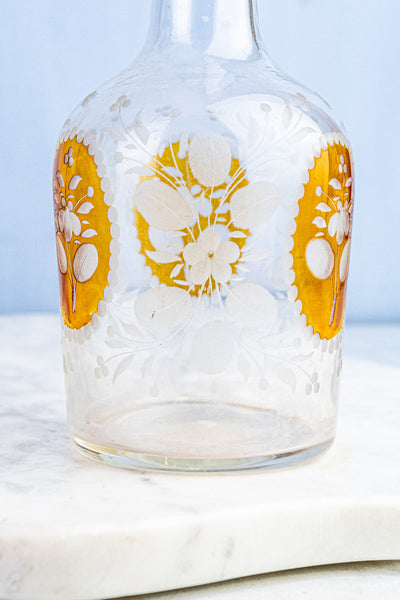 Antique Amber and Clear Glass Etched Bottle