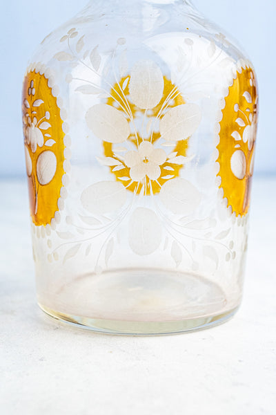 Antique Amber and Clear Glass Etched Bottle