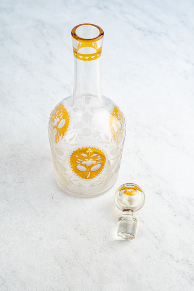 Antique Amber and Clear Glass Etched Bottle