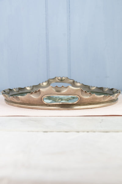 Antique Art Nouveau Ceramic & Chrome Gallery Tray