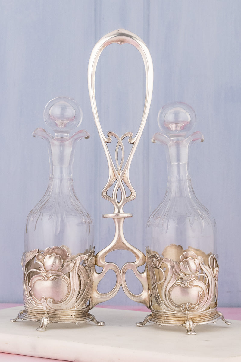 Antique Art Nouveau Silverplate Oil & Vinegar Cruet Set, image 1 of 17