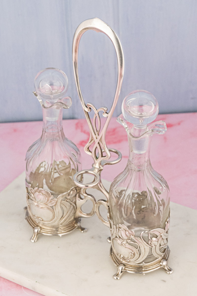Antique Art Nouveau Silverplate Oil & Vinegar Cruet Set, image 2 of 17