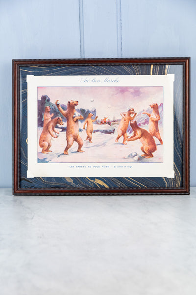 Antique Au Bon Marche Winter Bear Framed Card